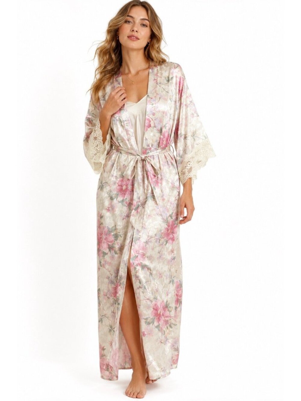 vintage LUCIE ANN II floral robe MEDIUM cottagecore lace boudoir peignoir satin